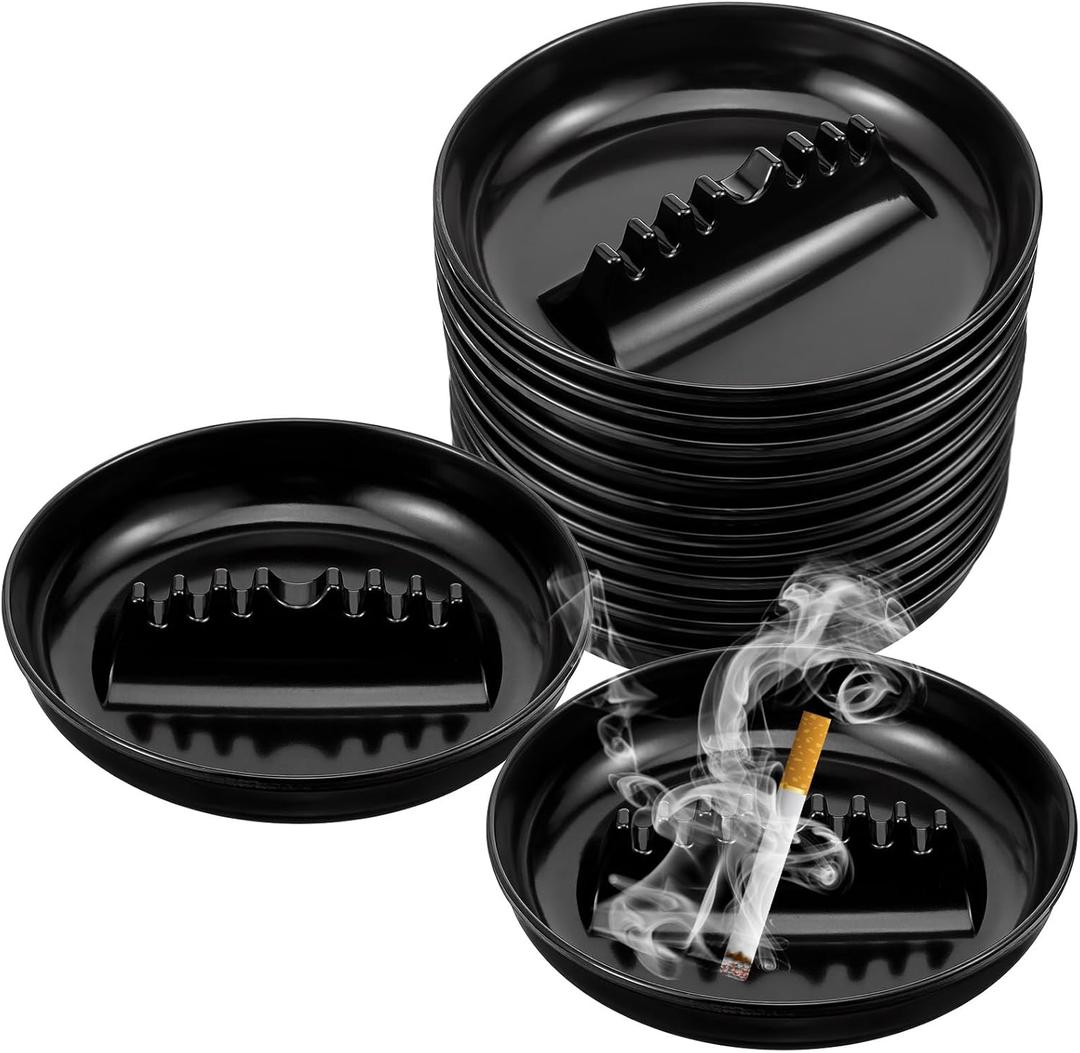 12 Pcs Plastic Ash Trays, Large Round 6.8" Vintage Ashtray Sets for Smokers Outdoor Indoor Home Office Patio Bar Restaurant Tabletop (Black)