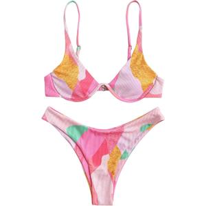 ZAFUL Womens High Cut Thong Bikini Set Swimsuits Cami String Sexy Bathing Suit (Small, 397-a-pink)