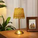 Pickmesh 1 Pack Rattan Table Lamp Woven Boho Table Lamp with Gold Tone Base Wicker Night Light Cordless LED Desk Lamps for Living Room Bedroom Home Decor, 2600mah Battery Operated