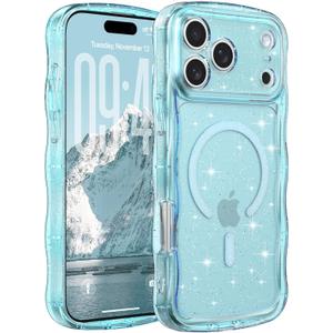 FABSPARK Case for iPhone 17 Pro Max,Compatible with MagSafe,Magnetic Clear Curly Wavy Frame Wave Case with Sparkly Bling Glitter,Transparent Acrylic Hard PC for iPhone 17 Pro Max,Glitter Clear Blue