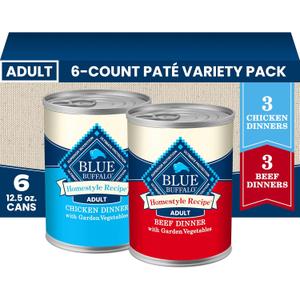 Blue Buffalo Homestyle Recipe Variety Pack Wet Dog Food, 12.5 oz, 6 ct Chicken & Beef Dinner (3 of Each), No Chicken By-Product, Corn, Wheat, or Soy, Best By 2028/Sep/09