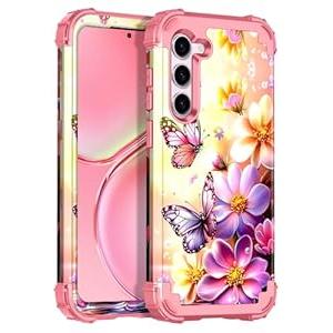 Casetego for Galaxy S23 5G Case,Glow in The Dark Three Layer Heavy Duty Sturdy Shockproof Full Protection Rugged Hard PC+Soft TPU Bumper Case for Samsung Galaxy S23 6.1 inch,Pink Butterfly