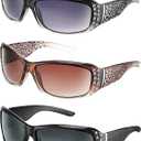 Frienda 3 Pairs Rhinestone Sunglasses Women Men Retro Wrap Around Glasses Crystal Oversized Trendy Bling Vintage Sunglasses (Elegant Color)