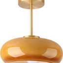 Brass Modern Hallway Ceiling Light - Orange Glass Ceiling Lamp with Dome Shade, Gold Mid Century Semi Flush Mount, Bedroom Entrance Light Fixture