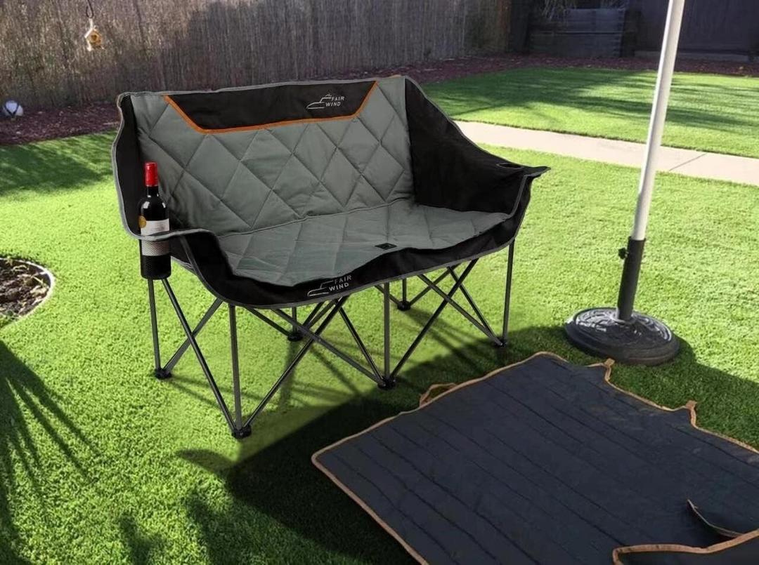 FAIR WIND Oversized Fully Padded Camping Chair Folding Loveseat Camping Couch Double Duo Chair Heavy Duty Quad Fold Arm Chair with Cup Hold - Supports 650 LBS Grey
