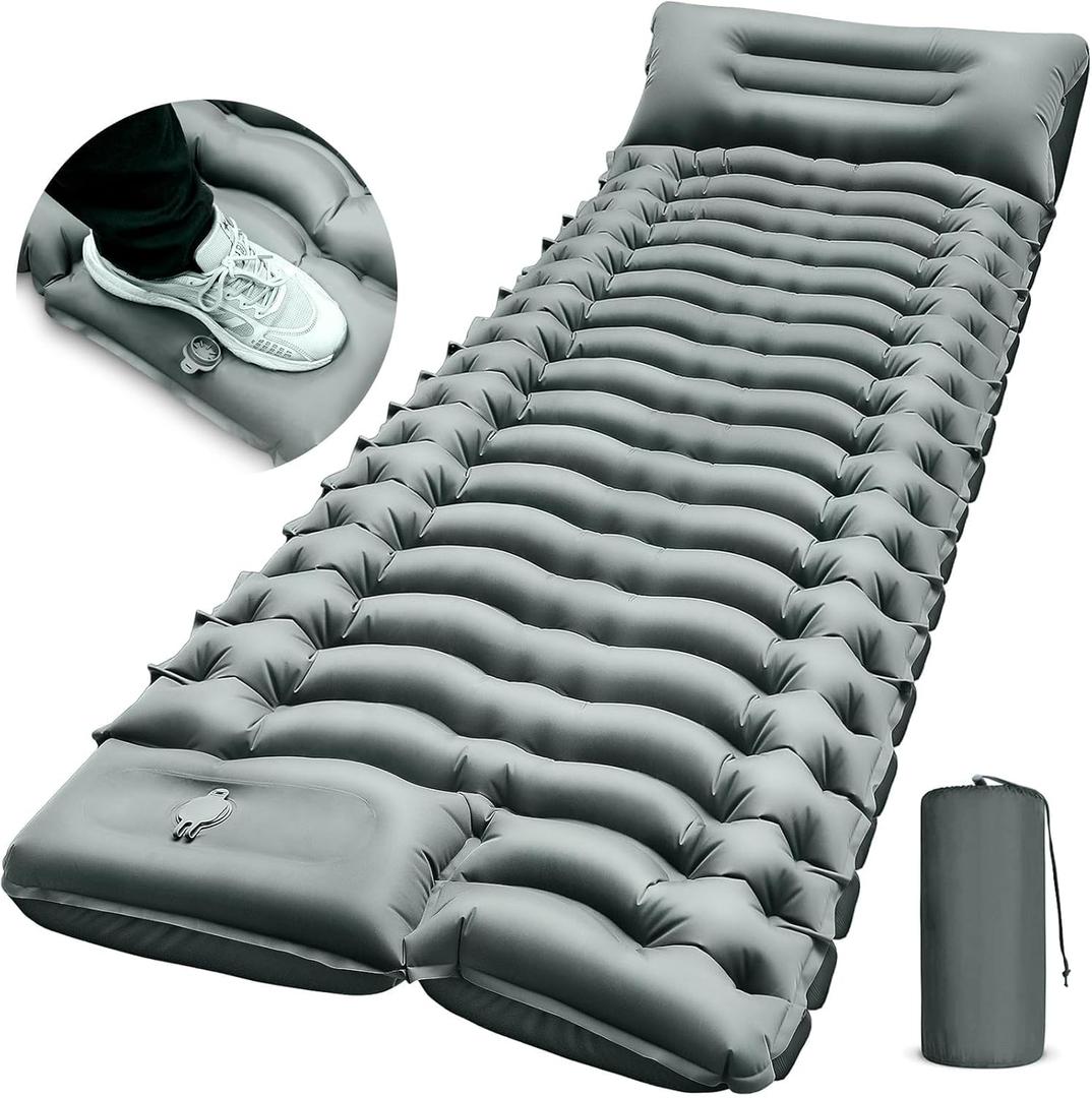 Camping Sleeping Pad, Ultralight Camp Pad with Pillow, Built-in Foot Pump, Inflatable Sleeping Pad, Compact Size for Camping, Backpacking, Hiking and Traveling - Gray (Grey2)