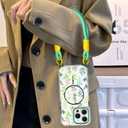 AIGOMARA Magnetic for iPhone 16 Pro Case [Compatible with MagSafe] Clear Floral Flower Pattern Phone Case with Wrist Strap Lanyard, Slim Shockproof Cover for Girls Women, Green