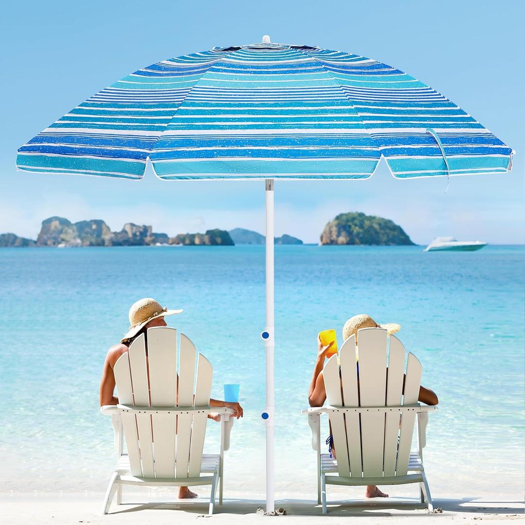 MEWAY 8.5 ft Beach Umbrella with Sand Anchor & Tilt Mechanism, Portable UV 50+ Protection, Outdoor Sunshade Umbrella with Carry Bag, for Sand Beach Outdoor (Blue White) (8.5FT)