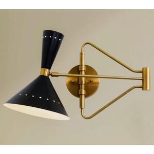 Mid Century Modern Black Wall Sconce – Adjustable Swing Arm Brass Wall Light with Double Cone Shade, Vintage Modern Accent Lighting for Bedroom, Living Room, Hallway, Office (Brushed Brass)
