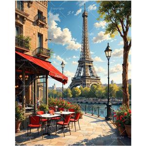 Paris Caf Scene Paint by Numbers Kit for Adults - DIY Eiffel Tower with Red Canopy Bistro Painting on Canvas 16x20 Inches, Acrylic Paint Set, Suitable for Beginners, Art for Home Decoration or Gifts