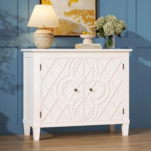 40" Coffee Bar Cabinet with Shelf, Craft Storage Cabinet with Doors, Wood Cabinet, Charming Carved Motif, Entry Way Cabinet with Storage, Sideboard Buffet for Living Room, Kitchen, Distressed White