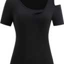Women's Summer Cold Shoulder Tops Cut Out Asymmetrical Neck Going Out T Shirts (Large,Black)