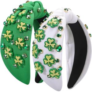 St. Patrick's Day Headband for Women, Lucky Shamrock Hair Accessory with Rhinestones, Green Crystal Knotted Hairband for Irish Holiday, Parade & Party