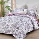 WONGS BEDDING Botanical Quilt Set Queen Size, Purple 3 Pieces Toile Floral Plants Printed Bedspread Bedding Set Soft Lightweight Microfiber Coverlet Set for All Season (96"x90")