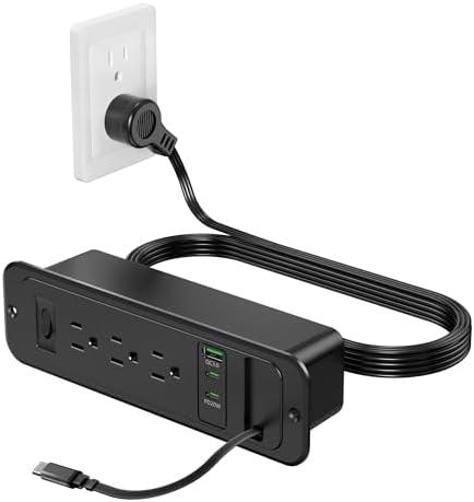 Recessed Power Strip with Retractable USB C Cable,2 PD 20W USB C,Flush Mount Countertop Drawer Outlet, Furniture Hidden Outlet for Side Table,End Table,3 Outlets (Black, 6FT-20W USB)