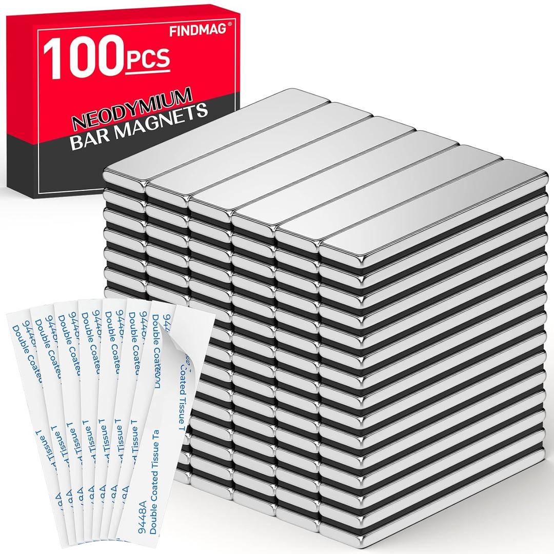 FINDMAG 100PCS Neodymium Bar Magnets, Metal Bar Magnet, Magnets with Double-Sided Adhesive Magnetic Bar Ideal for Fridge, Office, Classroom, Garage, DIY, 60x10x3mm (Silver)