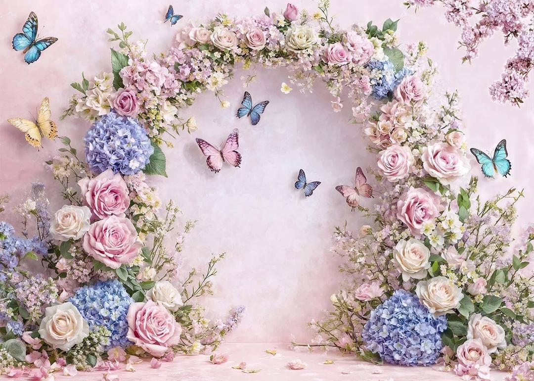 10x8ft Pink Butterfly Floral Backdrop Baby Shower Colorful Flowers Backdrops for Photograph Background Wedding Girl Birthday Table Cake Party Decorations Photo Studio Props