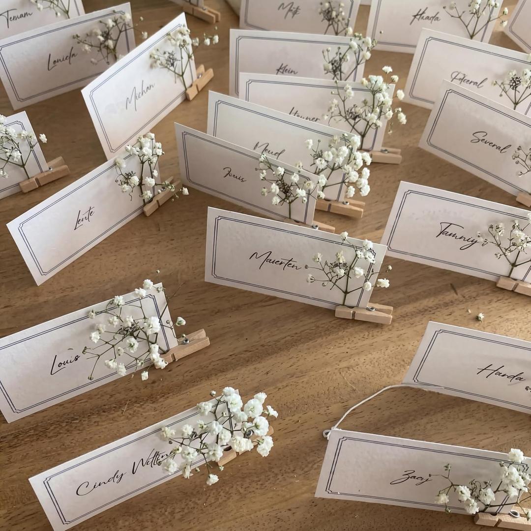 50 Pack Wedding Place Cards with Wooden Clip and Baby's Breath Premium Place Cards for Table Setting Wedding Dinner Party Events(Black)