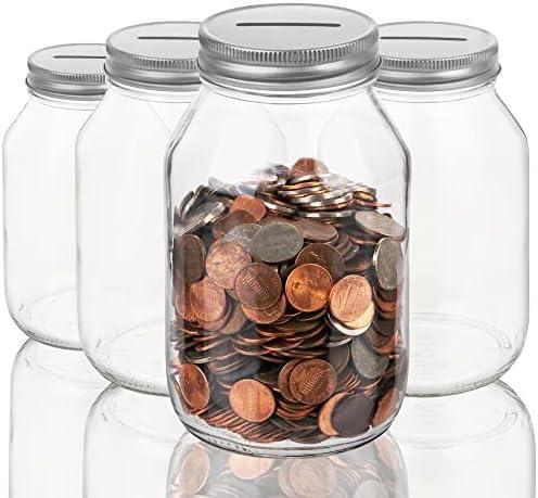 kitchentoolz Large Coin Bank Tip Jar with Slotted Silver Lid Holds Over $300 in Coins- Used for Piggy Bank and Raffle Ticket Drawing - Glass Money Jar Made in USA 4 pcs