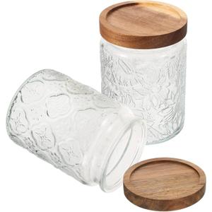 Retro Transparent Sealed Jars 2pcs Candy Container with Wooden Lid Jar Lid for Storage