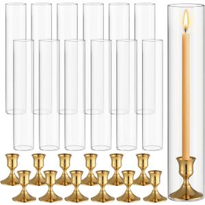 Teenyyou 12 Set Glass Hurricane Candle Holders 11.8" Open Ended Glass Candleholder Tube Shape Bottomless and 1.3" Taper Candlestick Holders for Wedding Party Table Centerpiece (Gold)