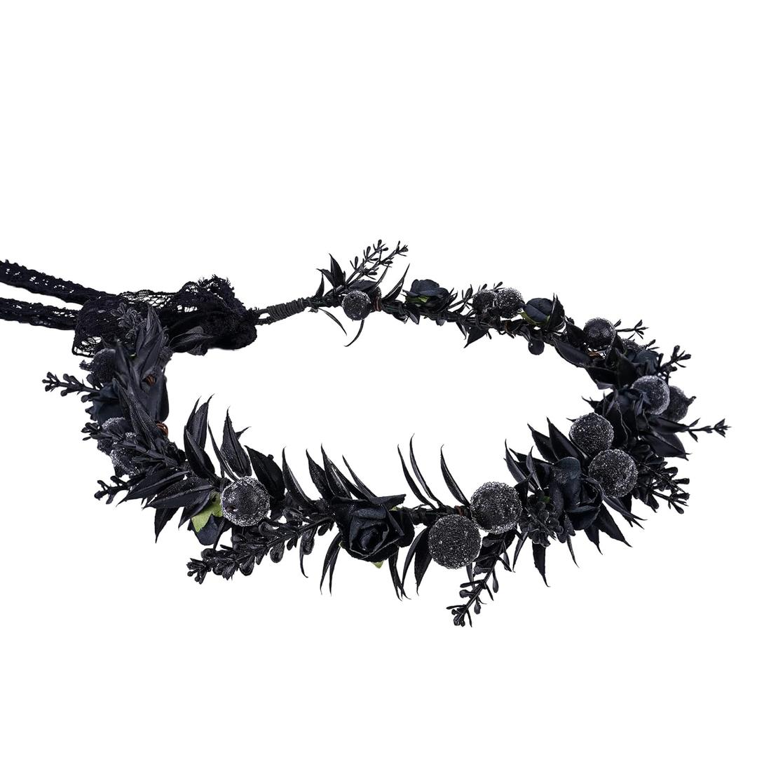 MOSTORY Black Fairy Flower Crown - Gothic Flower Headpiece Dark Fairy Circlet Elf Circlet Medieval Accessory for Renaissance Renfaire Halloween Cosplay Fantasy Photo Shoot