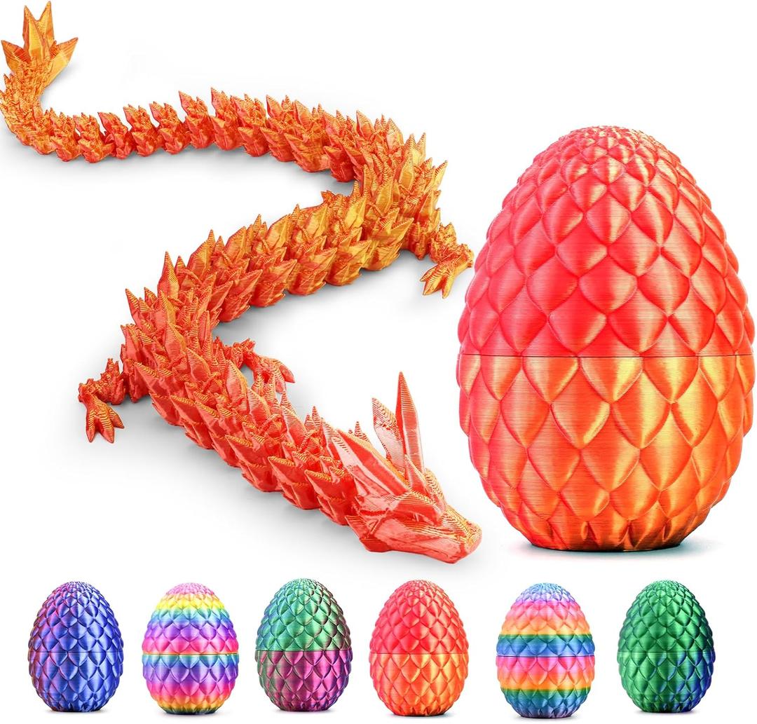 2 x 3D Printed Dragon,Mystery Easter Crystal 3D Dragon Egg,Dragon Eggs with Dragon Inside,3D Printed Animals Fidget Desk Decor (Red Gold, 12.5in)