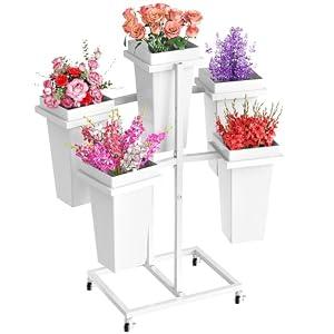 Asee'm Flower Display Stand with 5 Square Buckets Multi-tiered Metal White Flower Cart Stand with Wheels Moving Plant Stand Bar Shelf Flower Holder for Indoor Outdoor Patio Garden Florist Wedding