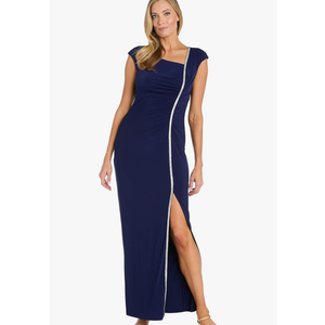 R&M Richards Long Dress with Asymmetrical Neckline, Rhinestone Trim & Front Slit 16W
