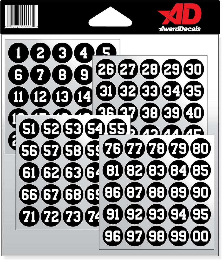 Number Stickers for Helmets White on Black (Football, Baseball, Softball, Hockey, Lacrosse, Etc.) The Original Award Decals Premium 20mil Thick Helmet Decals Made in The USA Since 1976, 1.5"