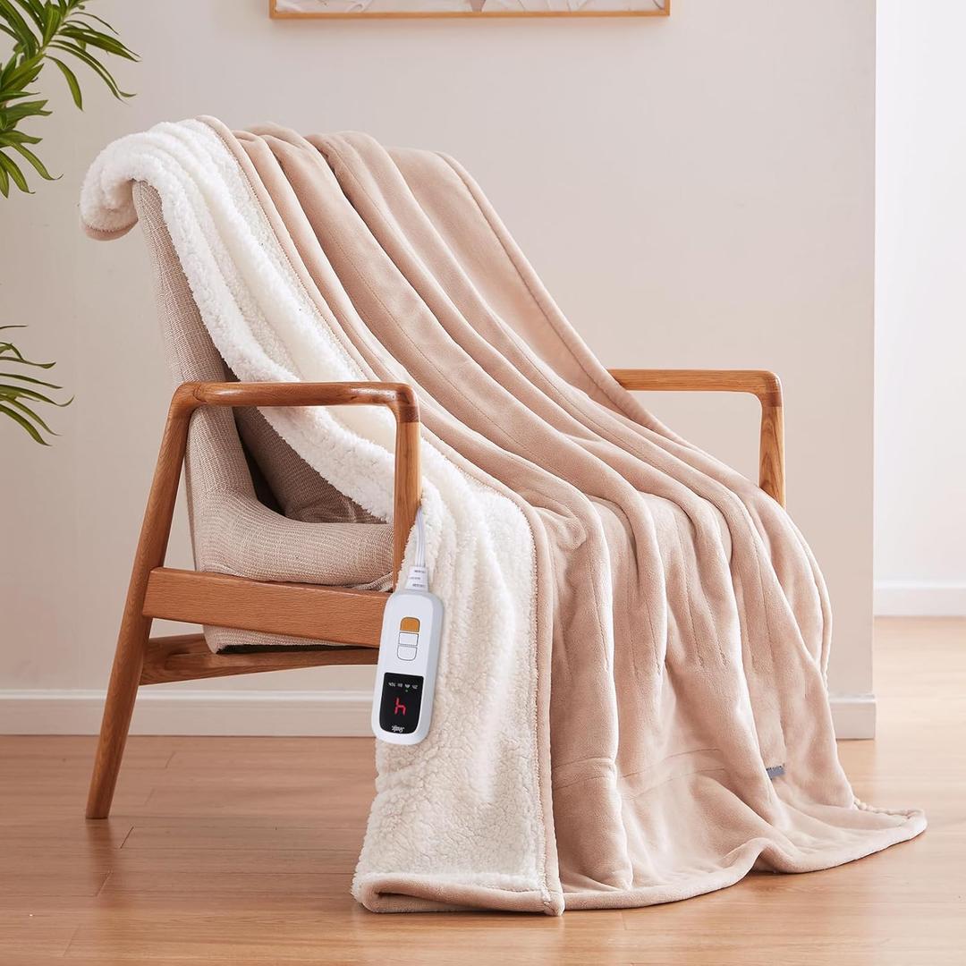 Sealy Electric Blanket Throw Size 50"*60",Super Cozy Flannel to Sherpa Reversible Heated Blanket Throw with 6 Heating Levels & 2-10 Hours Auto Off Overheating Protection Machine Washable,Beige