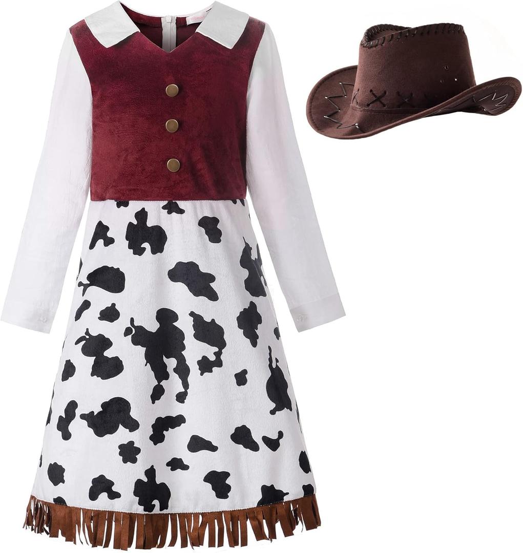 ReliBeauty Western Cowgirl Costume for Girls Funny Holiday Party Princess Dress Up Outfit for Kids White (10-12) (150) 