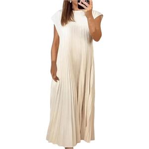 GORGLITTER Women's Pleated Church Maxi Dresses Summer Casual Short Sleeve Crew Neck Flowy Loose Long Sundresses 2025 (Medium, Apricot)