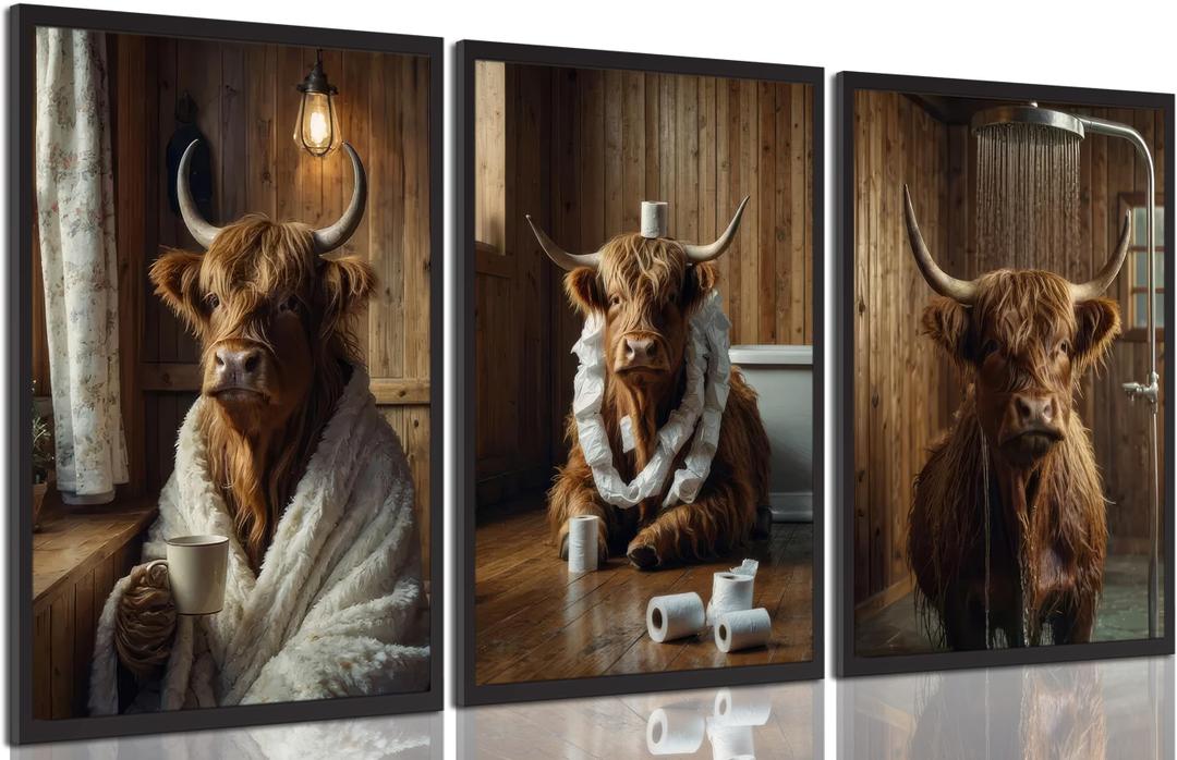 3pcs Funny Highland Cow Bathroom Wall Art Animal Bathroom Wall Decor Brown Cattle Picture Rustic Farmhouse Style Posters Prints Cow in Toilet Decorations for Restroom Home Decoration