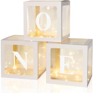 3 Pcs Balloon Box Decorations First Birthday Decorations with Letters Shower Party Supplies with 3 LED Fairy String Lights, No Balloons(Warm White)