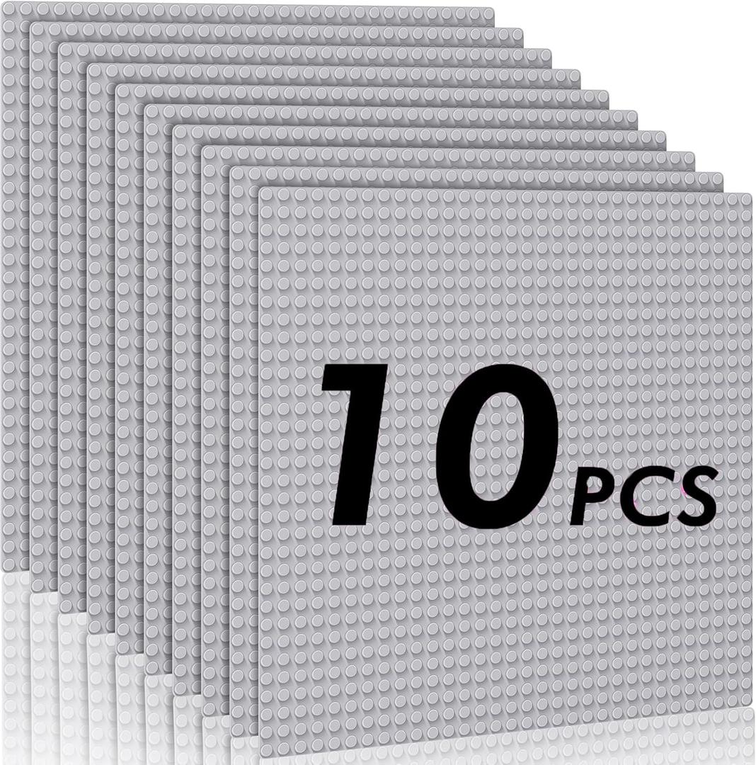 Pokiiulk Classic Baseplates Building Plates-Pack of 10 Large 10" x 10" Building Bricks Compatible with All Major Brands,Perfect STEM Gift for Builders Age 3+,Grey