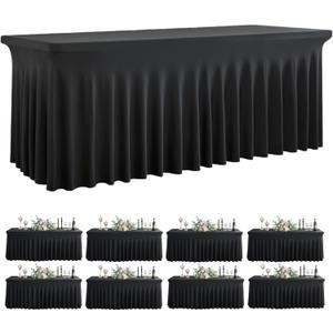 Outpain Wrinkle Free Spandex Tablecloth for 6 Foot Rectangle Tables, 8 Pack Black Fitted Table Cloths 6ft Stretchy Banquet Table Clothes Cover Desk Skirt for Birthday Wedding Parties Baby Shower
