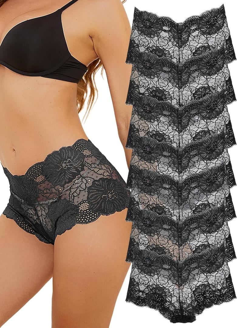 Sexy Panties for Women Plus Size Underwear Womens High Waisted Underwear No Panty Line Breathable Lace Boyshorts (Medium, 7pcs-black)