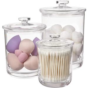 STORi 3-Pack Premium Quality Qtip and Cotton Ball Holders | 15-oz, 30-oz, and 60-oz Clear Plastic Apothecary Jars with Lids | Perfect Containers for Bathroom and Vanity | Set of 3 (Multi-Sized)