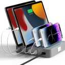 Charging Station for Multiple Devices - 4-Port 20W PD USB-C Fast Charger for iPhone iPad Smartphones Tablets Universal Compatibility, Detachable Baffle Design with LED Night Light (Silvery)