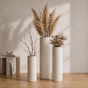 White Tall Floor Vases Set of 3, 27 Inch Large Metal Decorative Vases with Honeycomb Texture- Modern Cylinder Floor Vase for Living Room Corner, Pampas Grass＆Dried Flowers, Home Decor (White)