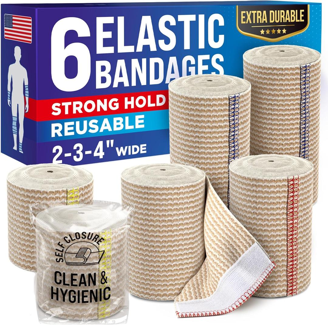 High-Performance Elastic Bandage Wrap - 6 Pack (2x2in, 2x3in, 2x4in) - Self-Closing Strong Compression Bandage Wrap for Leg, Ankles, Wrists, and Knees - for First Aid Kit and After Surgery Recovery