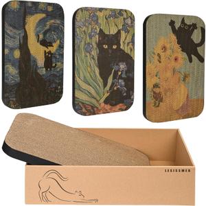 Art Cat Scratcher, 3 Packs Wall-Mountable Art Cat Scratching Board with Box, Cat Wall Scratcher, Cat Scratch Pad, Cardboard Cat Scratchers for Indoor Cats Toy Furniture Protector (Van Gogh-1)