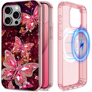 Hekodonk for iPhone 15 Pro Max Case,Compatible with MagSafe,Glow in The Dark Full Body Rugged Protection Slim Shockproof Glossy Stylish Women Girls Case for iPhone 15 Pro Max 6.7 inch,Rose Gold