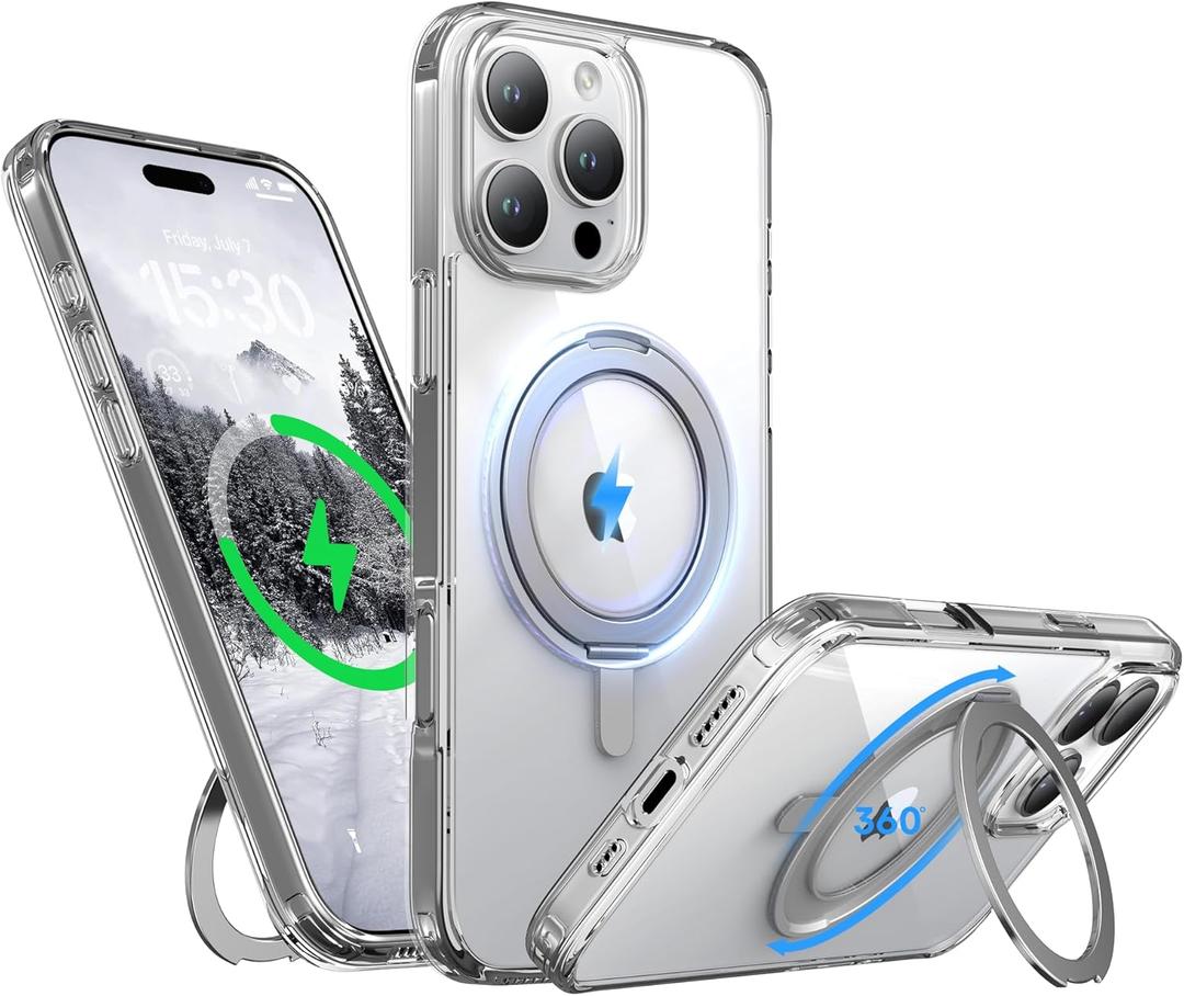 for iPhone 16 Pro Case 6.3-Inch with Magnetic 360 Ring Stand Compatible with MagSafe Crystal Clear Shockproof Protective Phone Cover 6.3" 2024, Clear