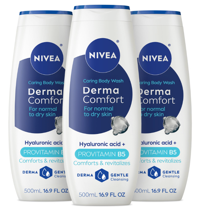 NIVEA Derma Comfort Caring Body Wash for Sensitive Skin, Body Wash with Hyaluronic Acid and Vitamin E, 16.9 Fl Oz Bottle, Pack of 3