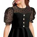 WDIRARA Girl's Sheer Mesh Short Puff Sleeve Blouse Heart Print Cute Ruffle Peplum Top (Black) Size: 7 Years 