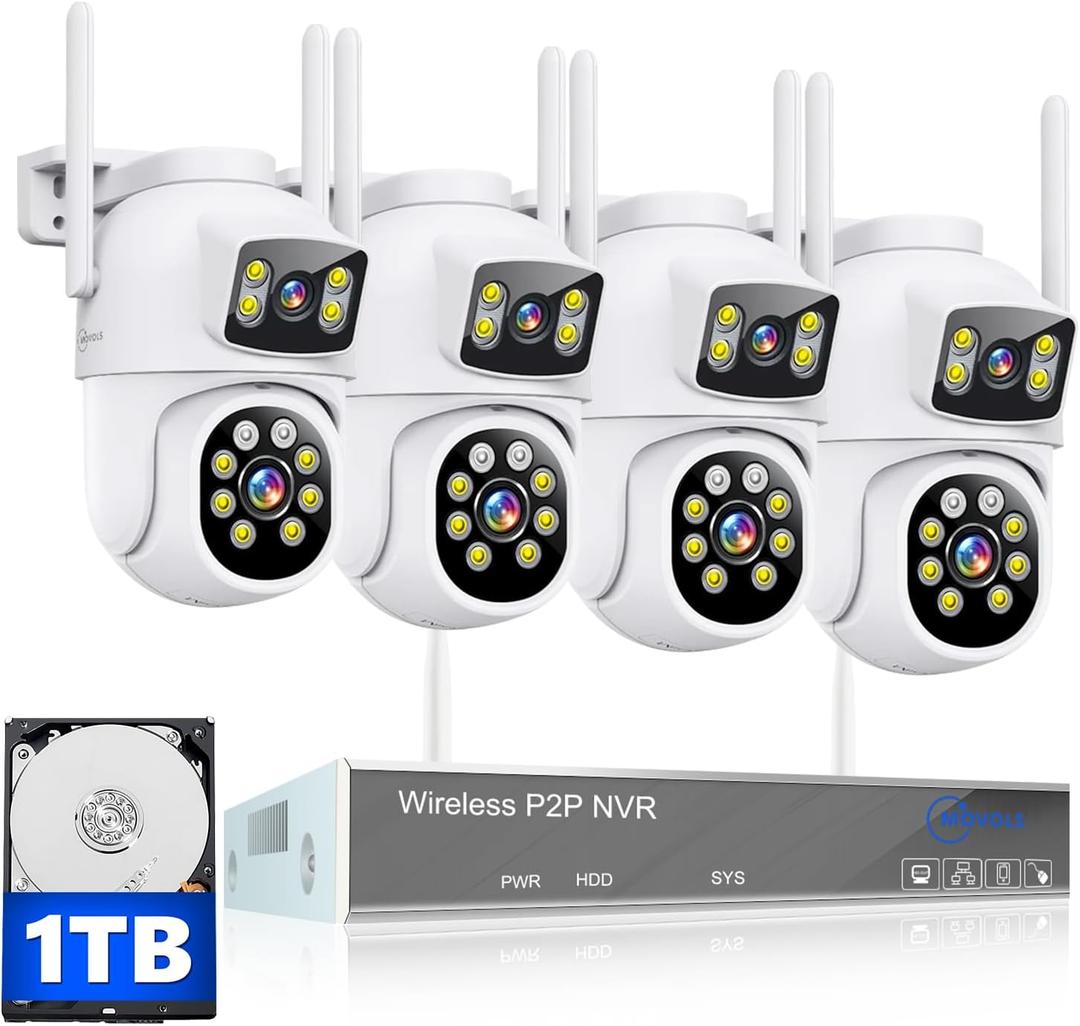 MOVOLS Wireless Security Camera System 5G/2.4G WiFi 4pcs 4MP+4MP Dual Lens Camera System,2K HD PTZ Dome Cameras System with Color Night Version, Motion Detection,1TB HDD, 16CH