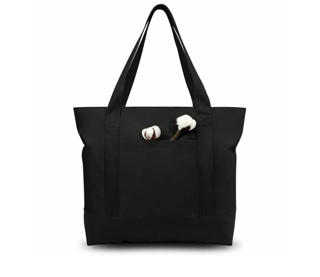 TOPDesign 30-Pack Canvas Tote Bags with an External Pocket, Reusable Grocery Shopping Bags, Top Zipper Closure, Daily Essentials (Black)
