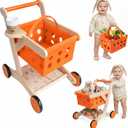 Wooden Baby Walker Shopping Cart for Toddlers, Orange Pretend Grocery Cart